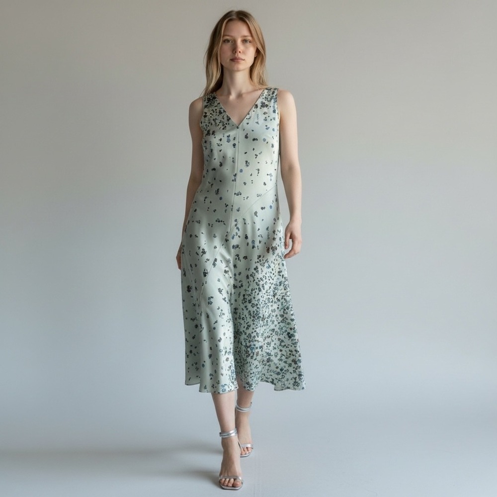 Vince Floral Midi Asymmetrical Sleeveless Dress M Mint Green Quiet Luxury